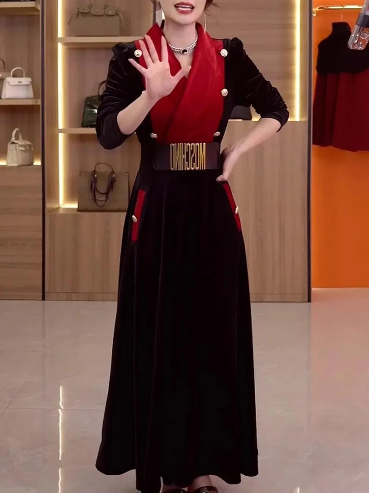 

Женское модное однотонное платье в стиле пэчворк с длинным рукавом, соблазнительные Длинные платья бордового цвета с V-образным вырезом и поясом на осень