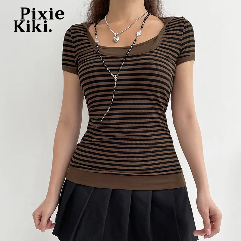 

PixieKiki Brown Striped Knitted Top Aesthetic Y2k Clothes for Women Casual Hooded Short Sleeve T Shirts Fairy Grunge P84-CA20