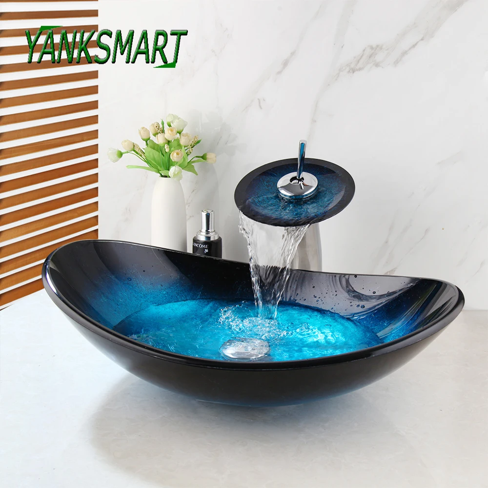 

Смеситель YANKSMART из закаленного стекла для ванной комнаты, кран «Водопад» с верхней чашей, голубой комплект