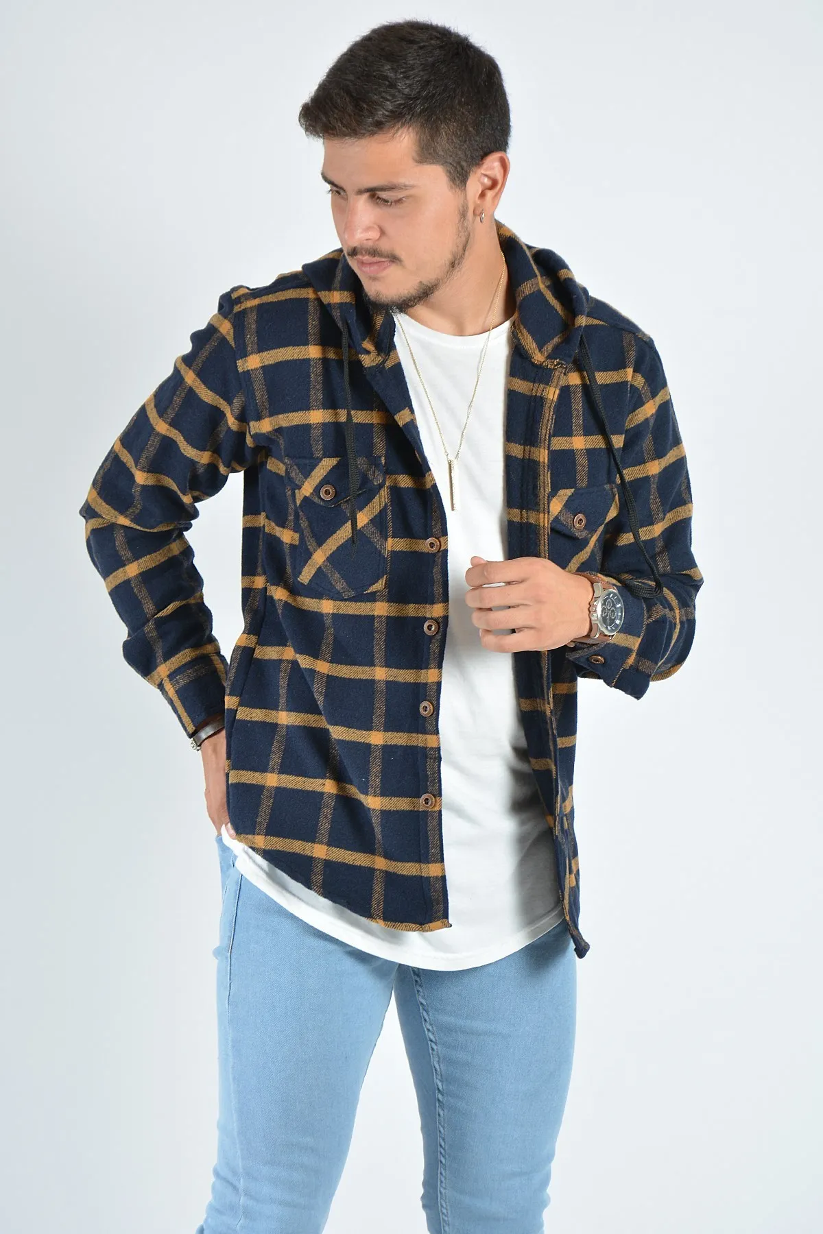 

Therapy Men Men 'S Hooded Double Pockets Plaid Lumberjack Shirt 20K-4300554 Navy Blue