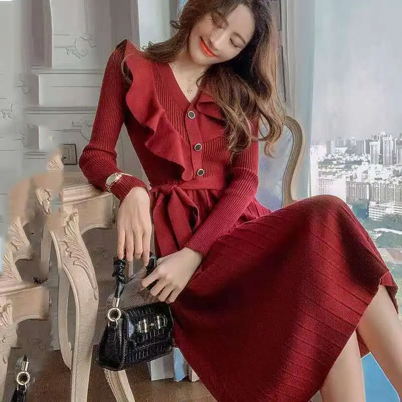 

Autumn Winter Long Knitted Dress 2023 Lolita Women's Skirt Sleeve Dresses Fancy Female Soft Dressed Y2k Spring Clothes Gothic