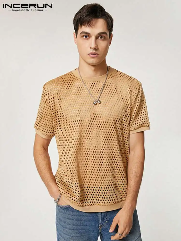 

Топы INCERUN, новинка 2022, Мужская прозрачная сетчатая майка в американском стиле, стильные мужские однотонные удобные футболки с коротким рука...