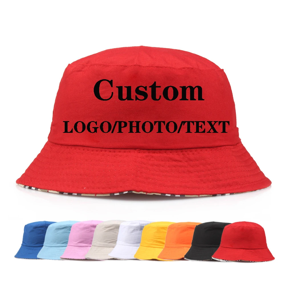 1Pcs Hot stamping  Free Custom LOGO Bucket Hat Women Men Summer Fishing Hats Casual Fishermen Cap Brim K pop Hip Hop Sun Hat