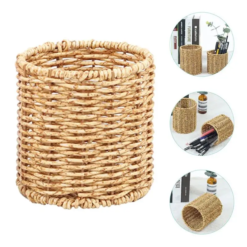 

Holder Pen Organizer Cup Rattan Caddybrush Desk Wicker Desktop Utensil Makeup Office Potstorage Woven Cups Cutlery Basket Table