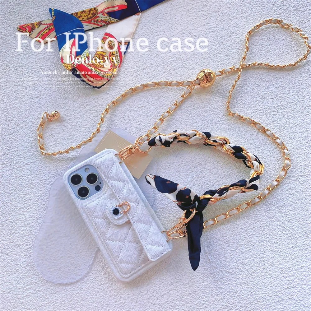 

Solid Color Luxury Leather Card Bag Type Adjustable Long Chain Women's Phone Protective Case for iphone14 12pro 13pro 13prmax 12