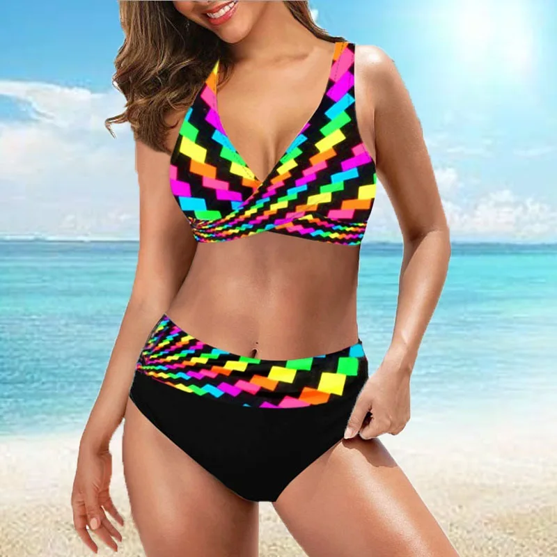 

Plus Size Printed Swimsuit Women High Waist Bikini Sets Two Piece Swimwear Sexy Lace UP Biquini 2022 New Ladies Bathing Suits