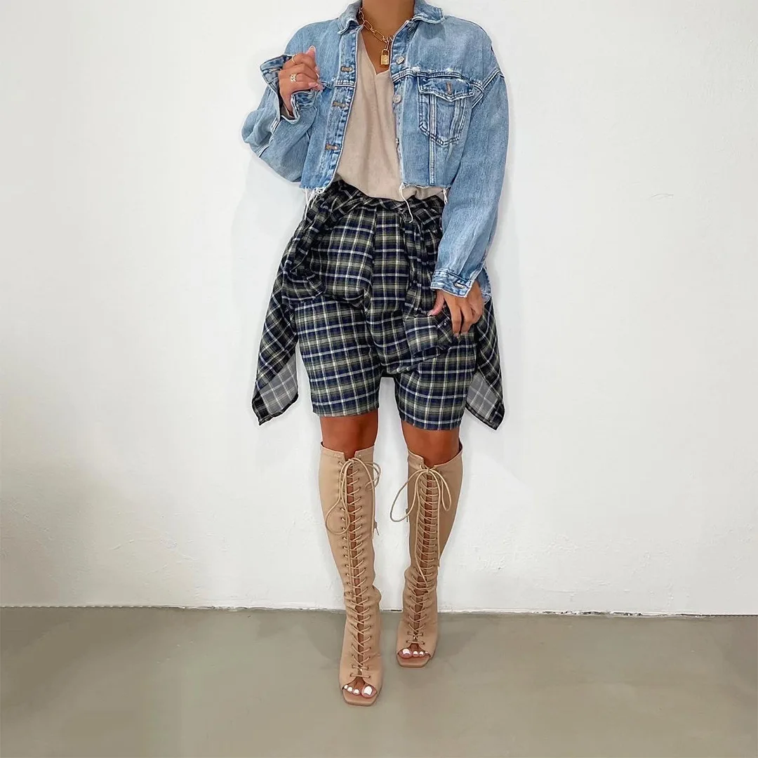 

Plaid Layered Tie-Up Fake Two-Piece Knee-Length Trousers Women Fashion Short Pants Streetwear Ladies Summer Loose Bottoms