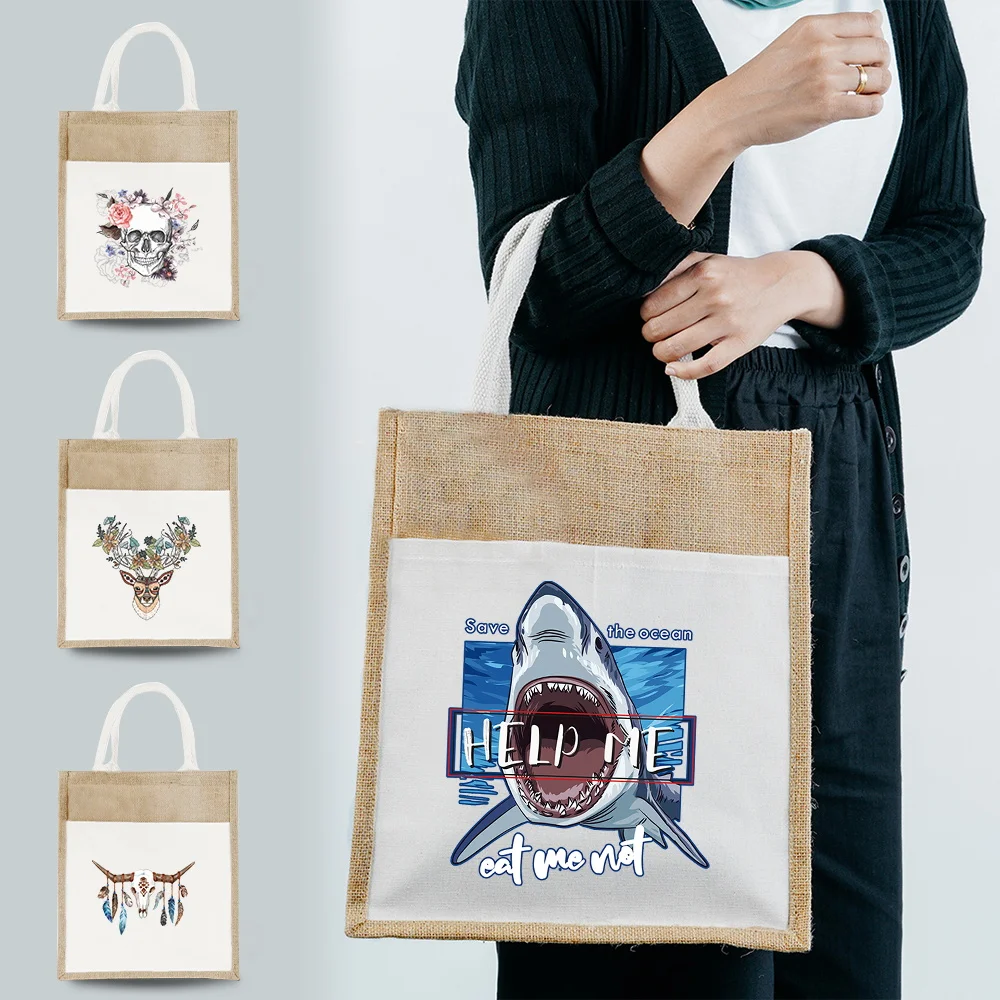 

Linen Tote Shopper Bag Portable Women's Purses Fashion Color Print Large Handbags 2023 Summer Beach Bag Eco Handle Shopping Bags
