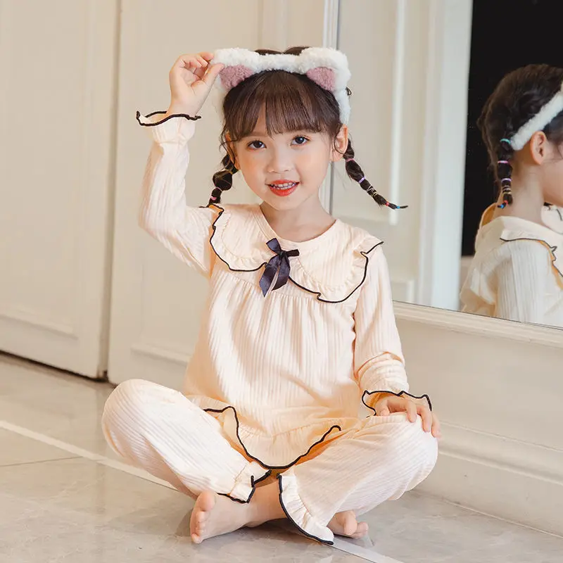 

2 to 16 Year New Children Teen Girls Pajamas Set Spring Long Sleeve Ribbed Sleepwear Nightgown Young Girl's Coming Home Outfit