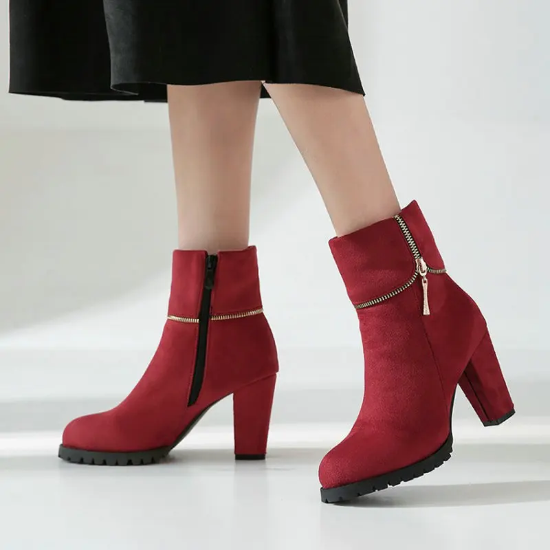 

2023 flock faux suede woman's boots zipper block high heels elegant ladies heels booties big size 45 46 47 48 women ankle boots