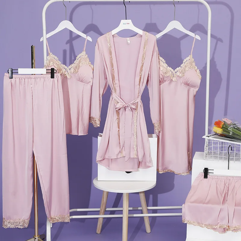 5 Piece Women's Pajama Set Lace Sexy Pajamas Nightdress Ladies Ice Silk Soft Comfort Set Spring Summer Homewear