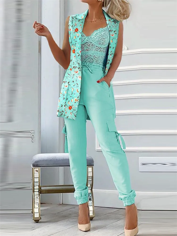 

Floral Print Sleeveless Blazer Coat & Drawstring Pants Set