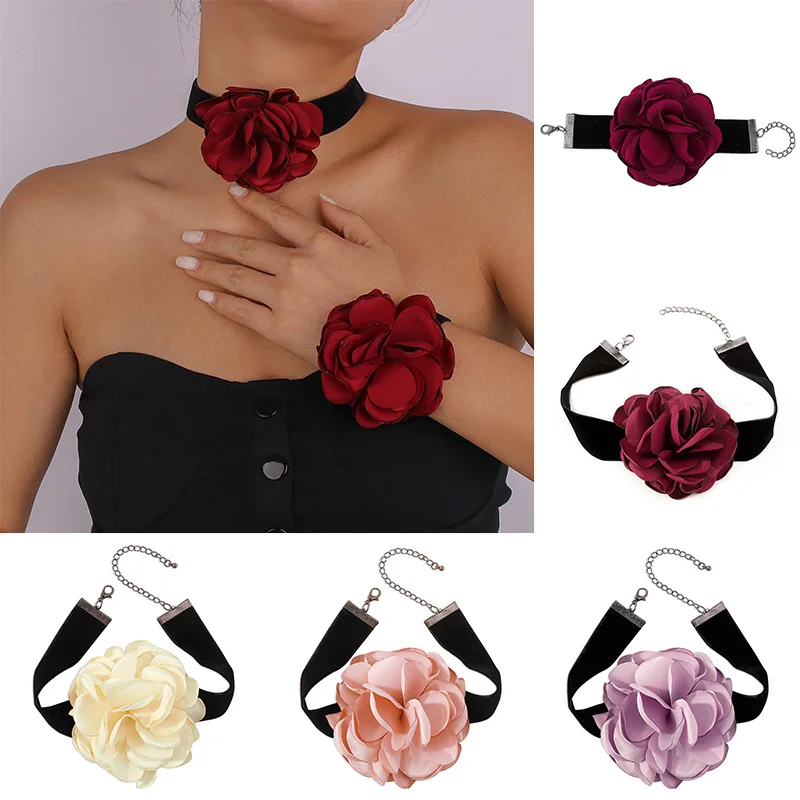 

Romantic Statement Adjustable Big Rose Flower Choker Necklaces for Women Bracelet Fashion Wedding Party Bridal Jewelry