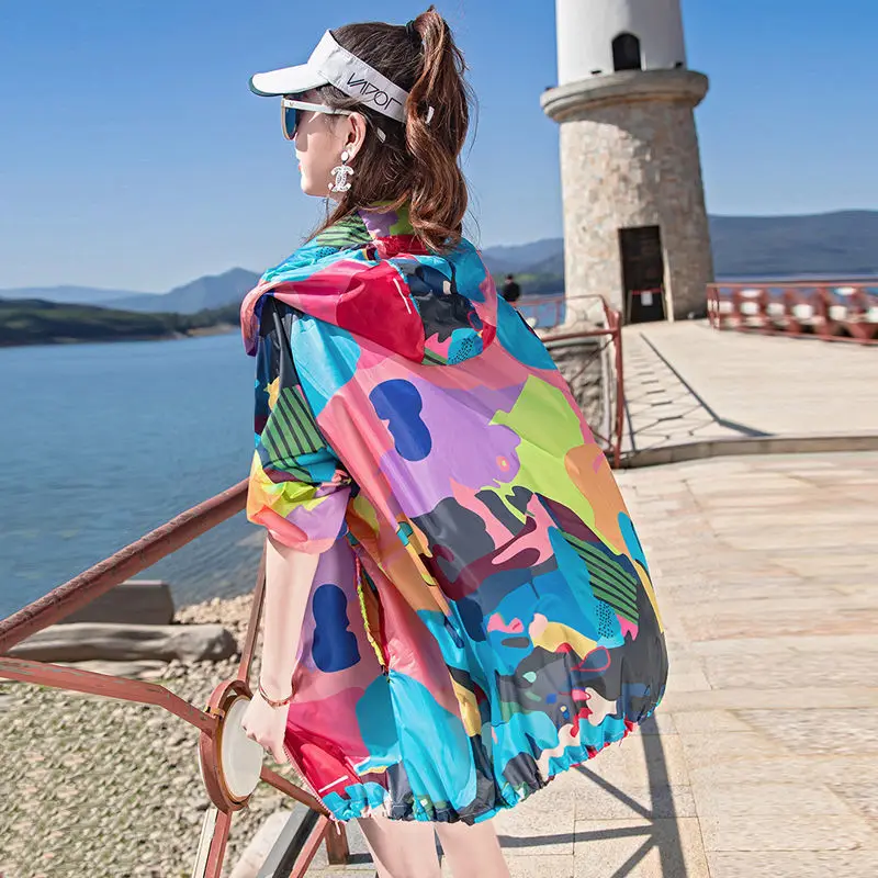 

Women's Sun Protection Clothing Loose Female Sun Protection Camouflage Print Long Sleeve Hooded Summer Jacket E116