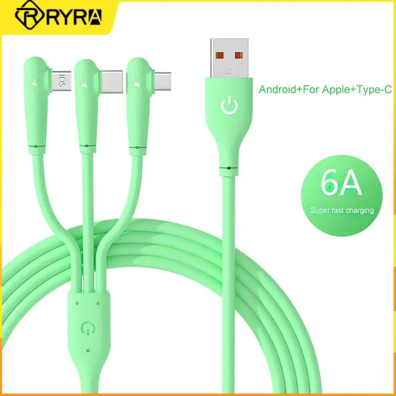 

RYRA 3-in-1 Liquid Silicone Data Line 66W Super Fast Charging Support 3-port simultaneous drive 6A Elbow Mobile Phone Data Cable
