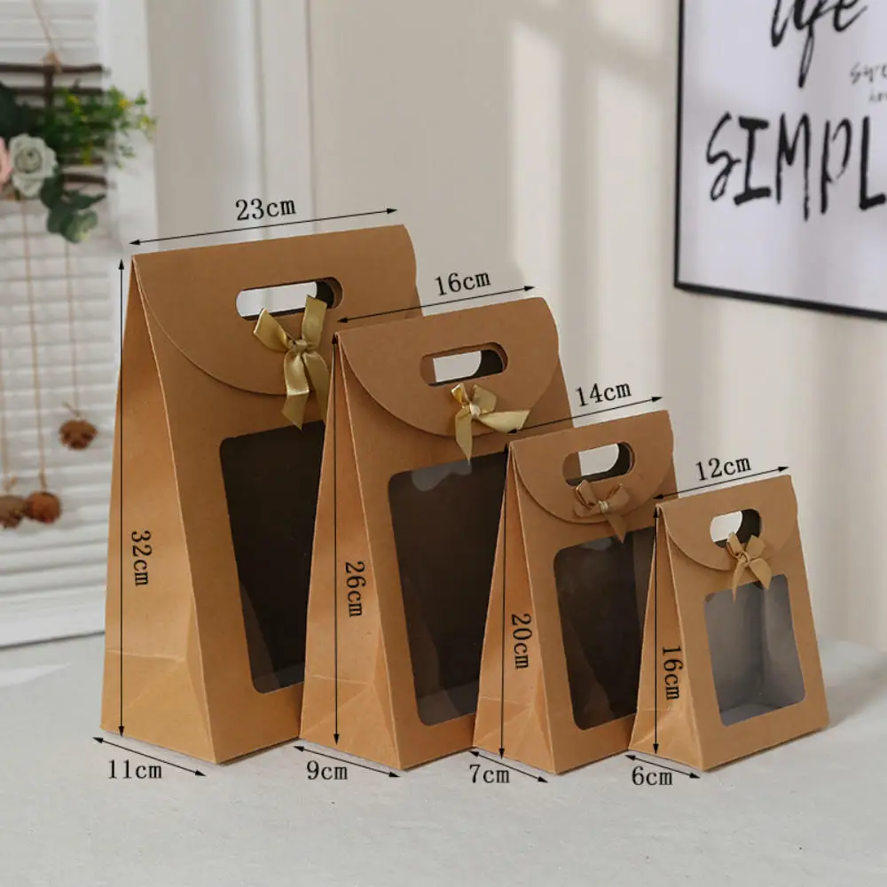 32/26/20/16cm Kraft Paper Portable Gift Bag PVC Clear Window Packaging Bags for Small Business Birthday Christmas Present Wrap