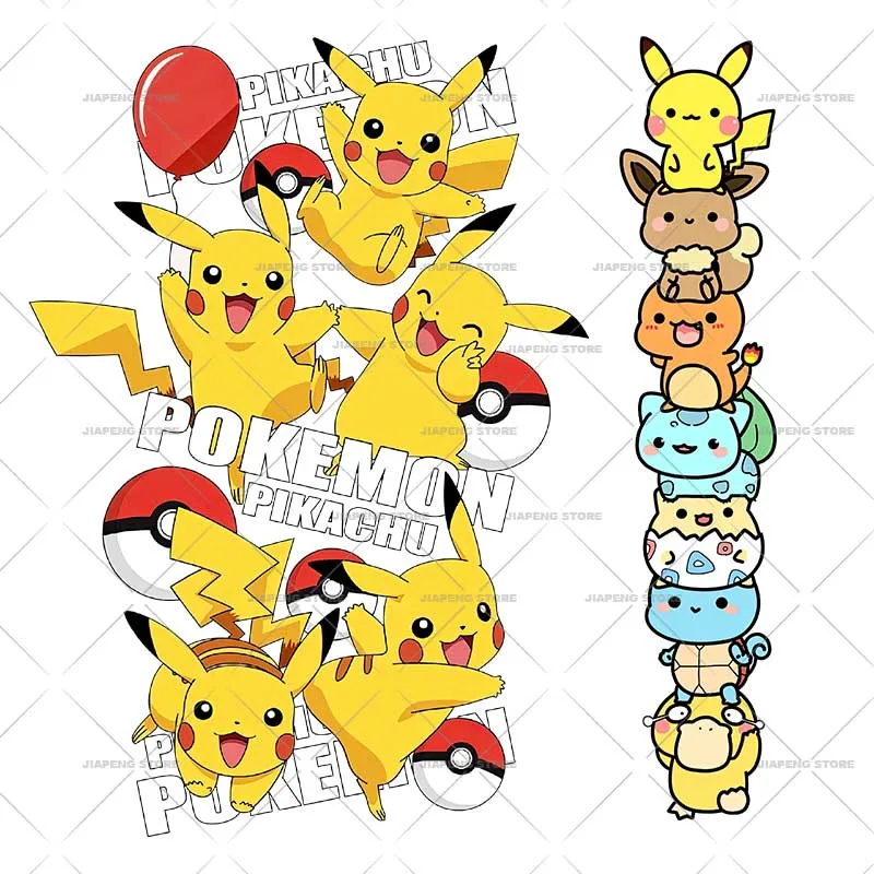 

Pokemon Pikachu Iron on Patches Heat Transfers For Kids Clothes Japanese Anime Printed Thermal Stickers on T-shirt Applique DIY