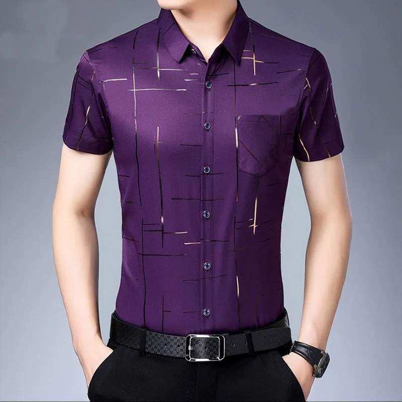 Spring Summer Polo-Neck Single Breasted Business Male Clothes Slim Men's Shirt 2023 Striped Printing Multicolor Plaid Tops