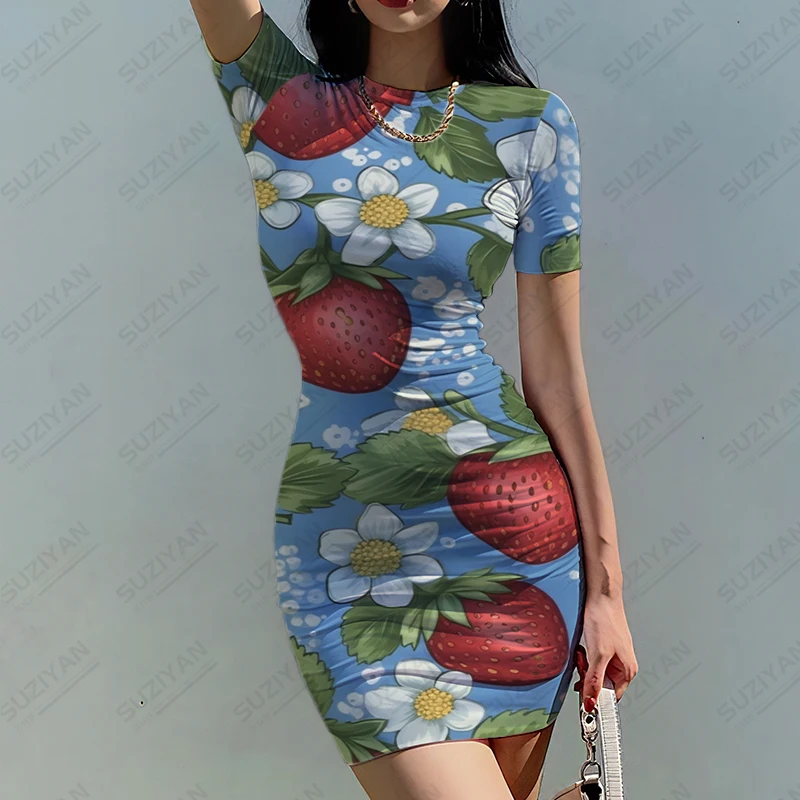 

Женское облегающее платье с 3D-принтом клубники, освежающее простое платье с круглым вырезом, темпераментное модное платье на лето