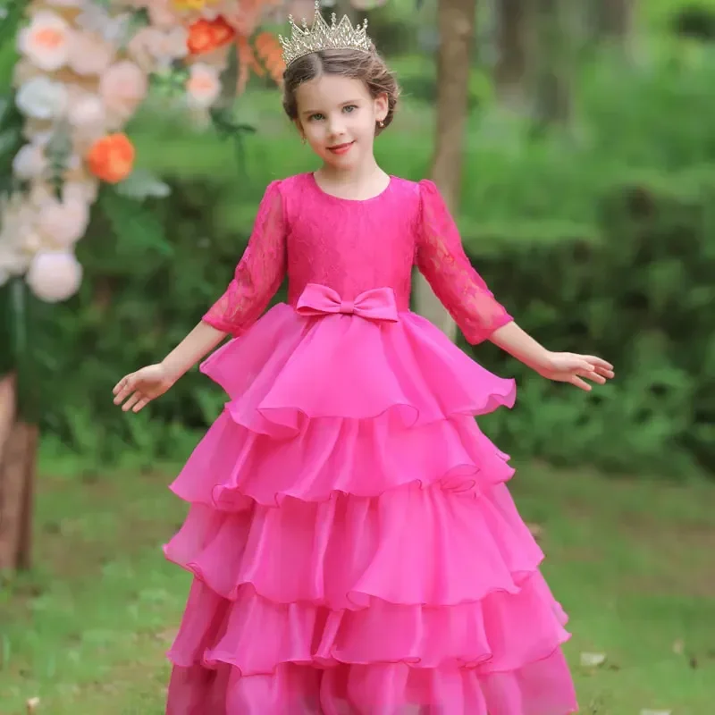 

Lace Solid Color Short Sleeve Kids Dresses for Girls Fashion Bow Children Bridesmaid Dresses Summer Girls Party Dress 3-10 Years