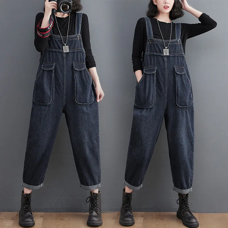 

Casual Suspender Jeans Women Spring Summer New Fashion Nine Points Sling Denim Pants Vintage Loose Harun Jumpsuit Female G2510