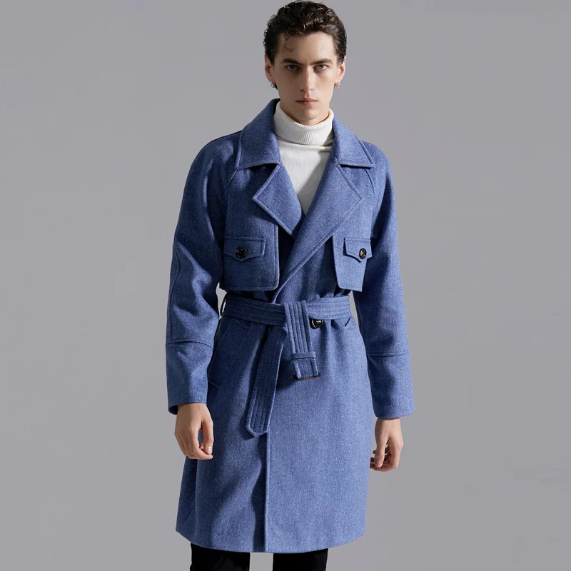 

Knee-length New Winter Mens Wool Woolen Jacket Plus Size Overcoat Fashion Tide Double-breasted Blue Haze Slim Long Trench Coat