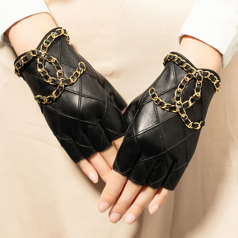 

Leather Gloves Women Half Finger Sheepskin Gloves Summer Leak Refers Breathable Riding Locomotive Driving Spring Autumn