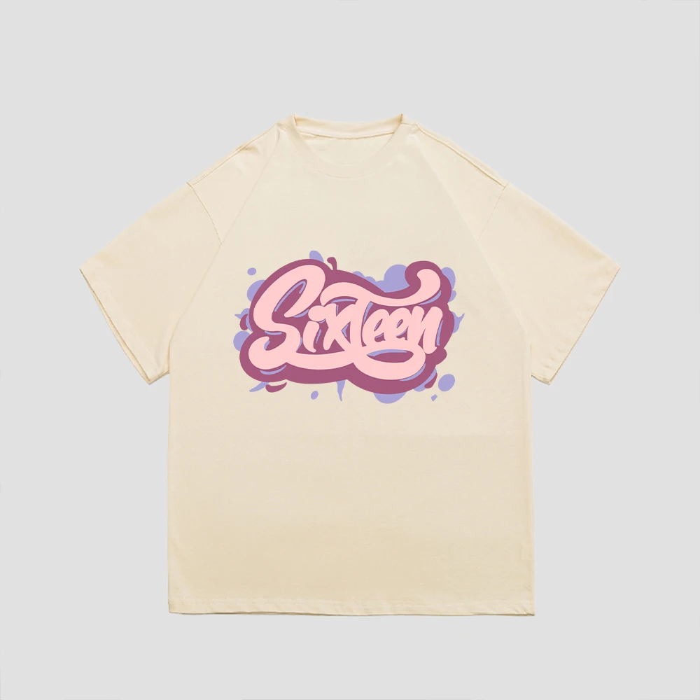 

Minimalist Korean Style Women Blouse Sixteen Text Print T-shirt Pink Creative Word Graphic Short Sleeves Summer Urban Streetwear
