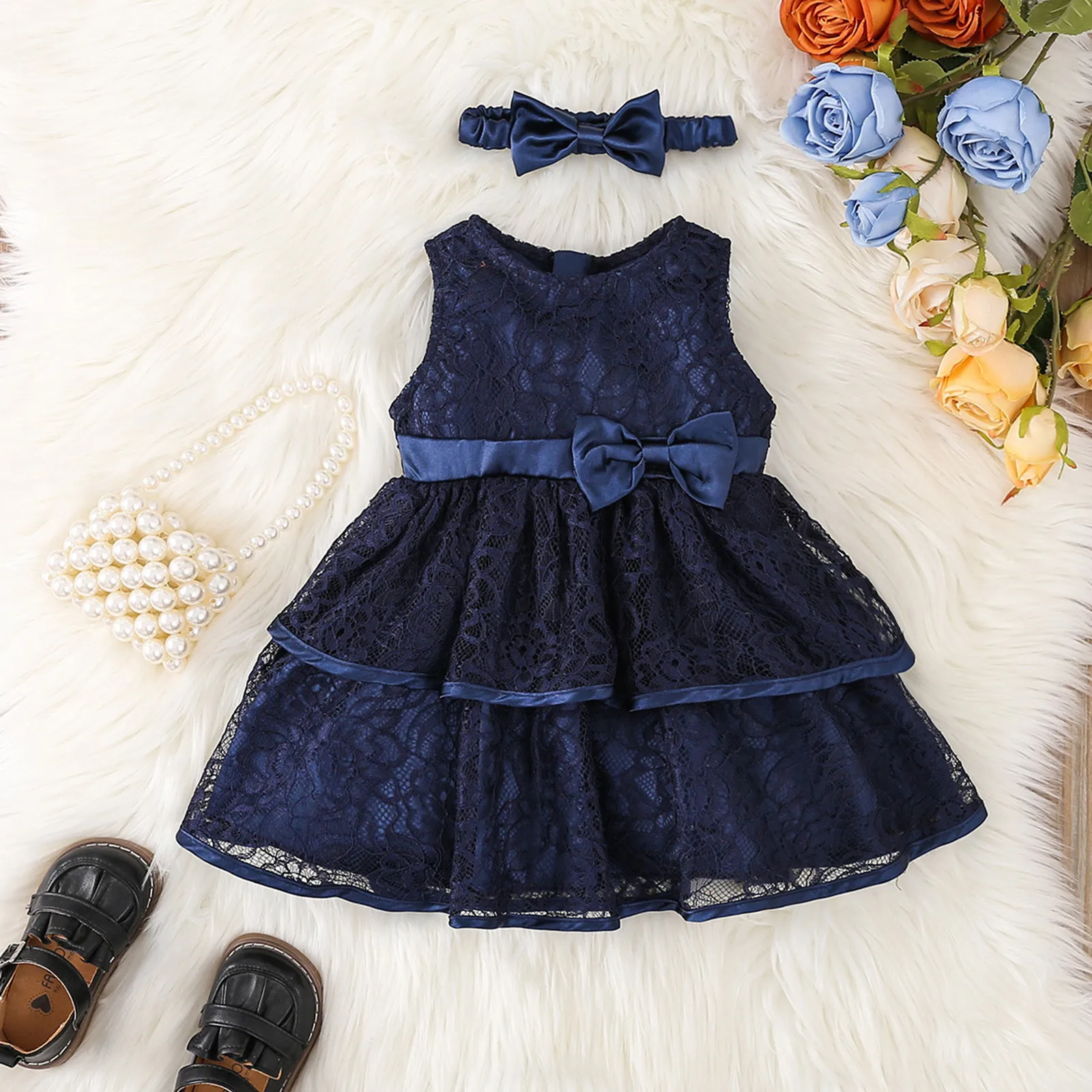 

Summer Dress Toddler Baby Girls Lace Stitching Mid Length Dress Princess Dress With Headband Party Fancy Dresses For Girls 0-3Y