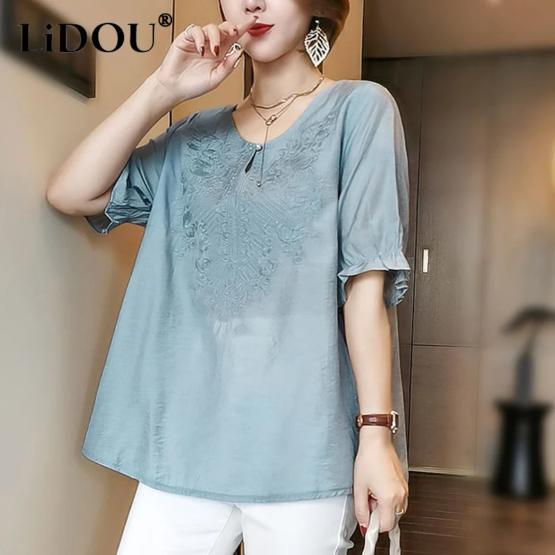 

Korean Style Summer Female Clothing 2023 Ladies Round Neck Solid Color Embroidered Thin Style Tops Women Loose Casual T-shirt