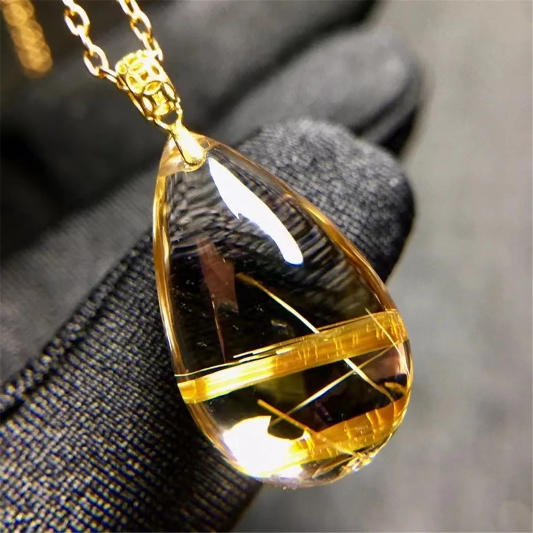 

Natural Gold Rutilated Quartz Pendant 18K Gold Jewelry For Woman Lady Man Gift 21x12x10mm Beads Stone Gemstone Crystal AAAAA