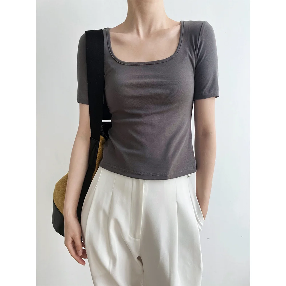 

Square Neck Solid Color 100% Cotton Casual Summer Short Sleeve Top gray