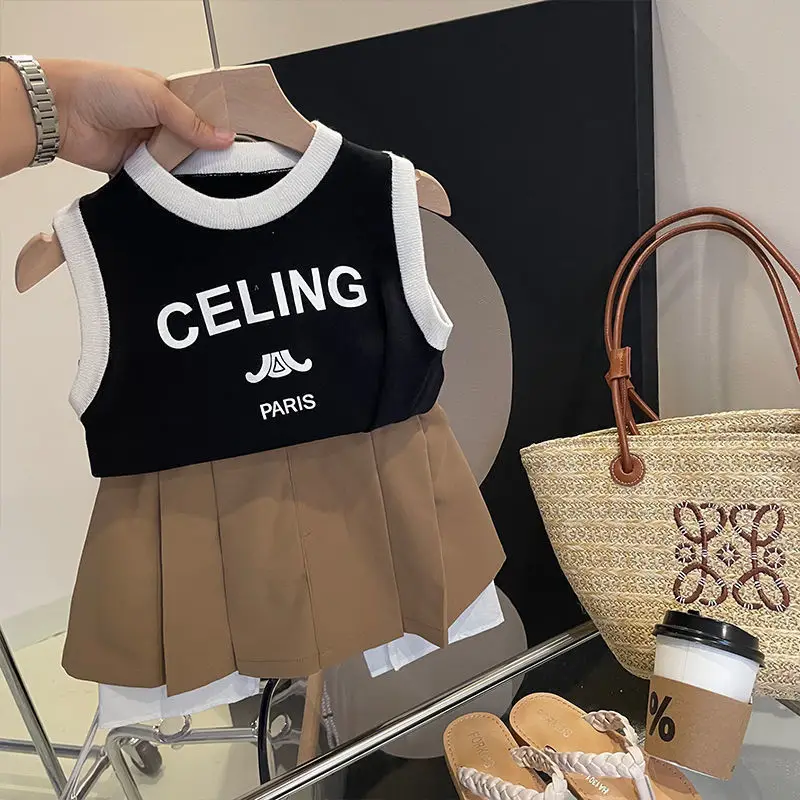 Girls Vest Suit Summer Children's Letter Print Sleeveless T-shirt Top + Pleated Skirt Two-piece Set Girl Clothes
