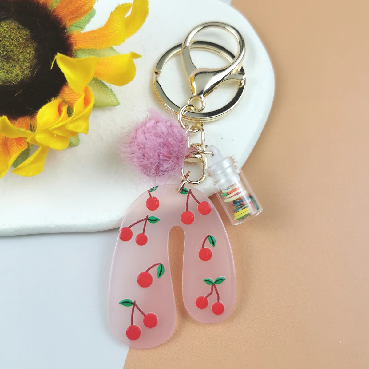 

1pcs Sweet U-Shaped Acrylic Print Cherry Pattern Keychain Cute Car Key Holder For Women Girls Birthday Gifts Bag Keyring