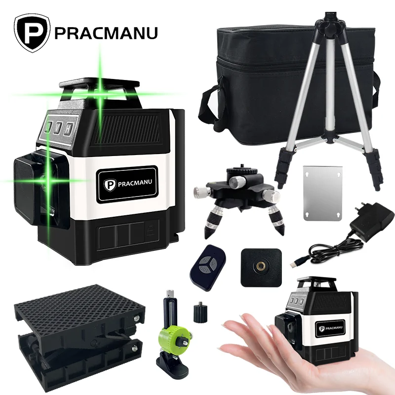Pracmanu Mini Laser Nível 12 16 Linhas 3d 4d Nível Auto-nivelamento 360 Horizontal e Vertical Cruz Verde Feixe de Laser Linhas