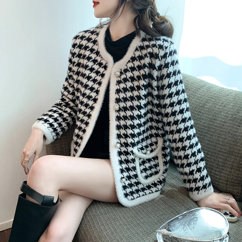 

Women 2023 Spring Autumn New Imitation Mink Knit Coats Female Short Loose Cardigan Jackets Ladies Plaid Sweater Outerwear G150