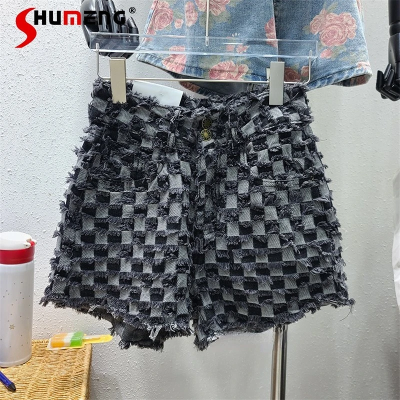 

Spring Summer 2022 New Fashionable Plaid High Waist Versatile Slimming Denim Shorts Casual All-matching Women's Short Pants