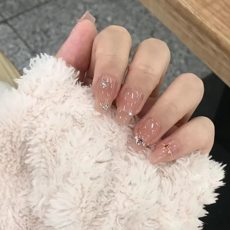 

Handmade Nails Nude Rhinestone Simple Manual Press on False Nail Gentle Reusable Full Cover Professional Manicure Art