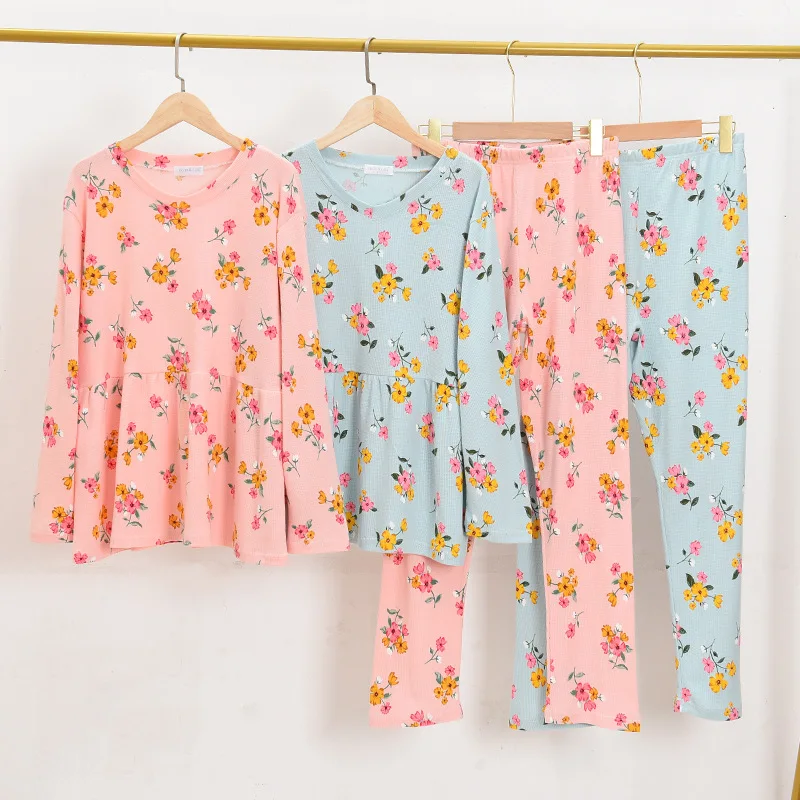 

Spring and Autumn Women's Knitted Cotton V-Neck Sleep Tops Homewear Pajamas Pants Set Green Pink Flower Printed Sleep Wear Women