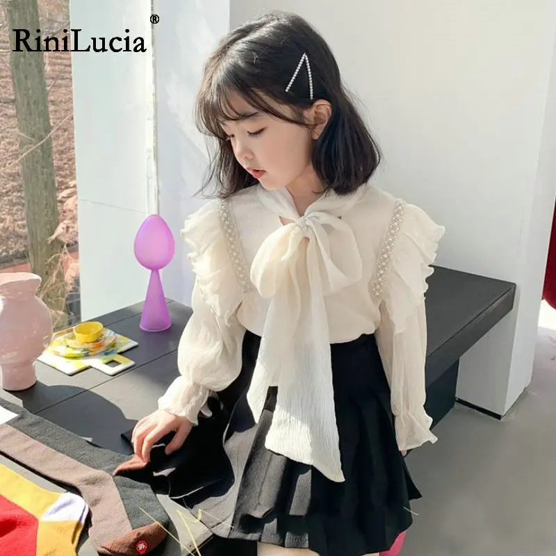 

RiniLucia Korean Baby Girls Elegant Blouses 2023 Spring Long Sleeve Children Tops Autumn Lace Ruffles Cute Kids Shirts Clothes