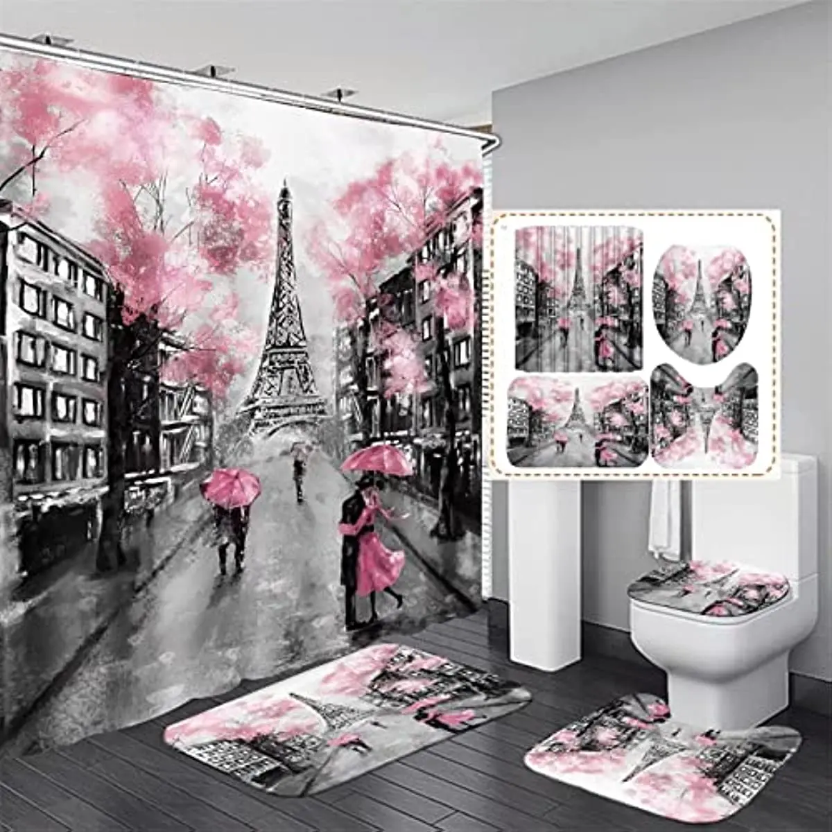 

4Pcs Paris Eiffel Tower Pink Shower Curtain Sets with Non-Slip Rugs Bath U-Shaped Mat Toilet Lid Cover Valentine Bathroom Decor