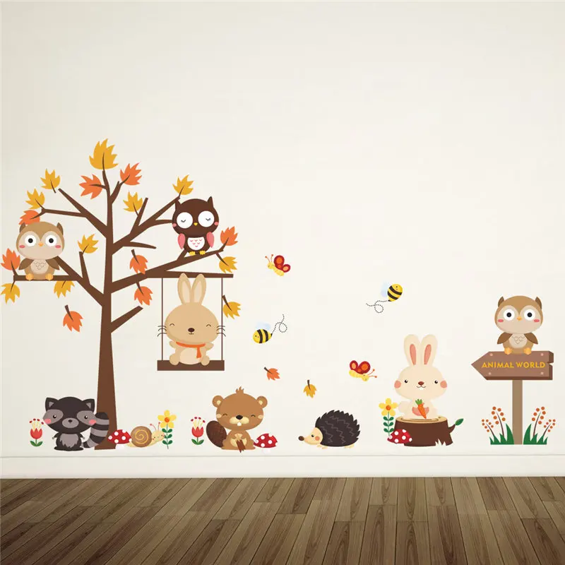 

Cute Forest Animal Maple Tree Wall Stickers For Kindergarten Kids Room Home Decorations Cartoon Safari Mural Art Pvc Decal