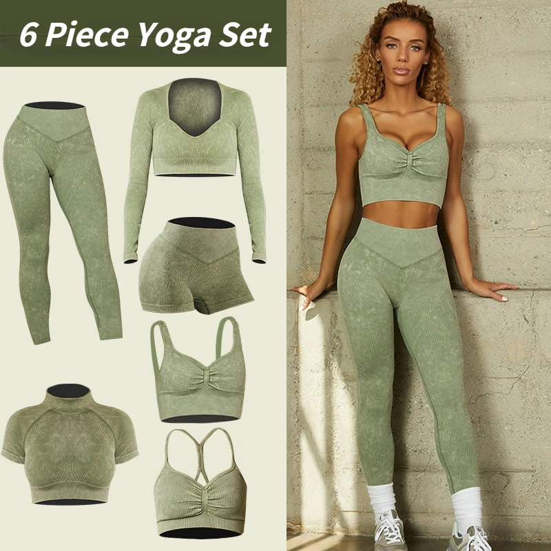 

workout Six piece set women yoga set seamless leggings sports clothes gym clothing sportswear fitness conjunto deportivo mujer