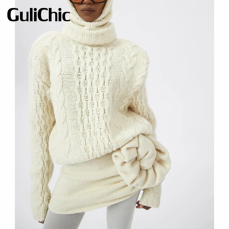 

Женский вязаный комплект GuliChic 12,1 года, вязаный пуловер с высоким воротником и наплечниками, свитер или трехмерная юбка с цветочным рисунком...