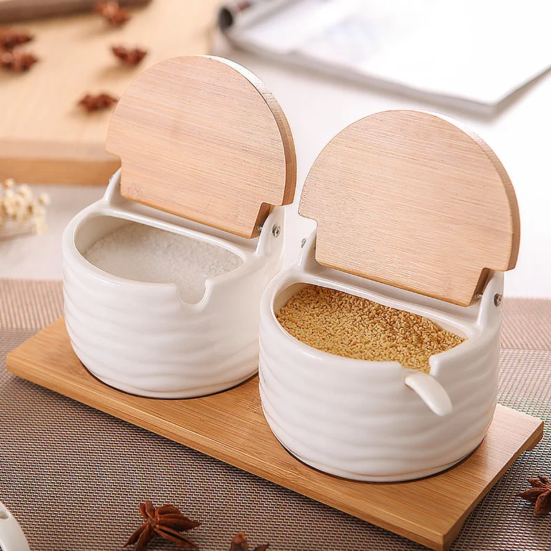 

Cozinha Spice Rack com tampa de madeira cerâmica Base de bandeja de bambu Ferramenta de tempero, Porcelana Storage Container Set