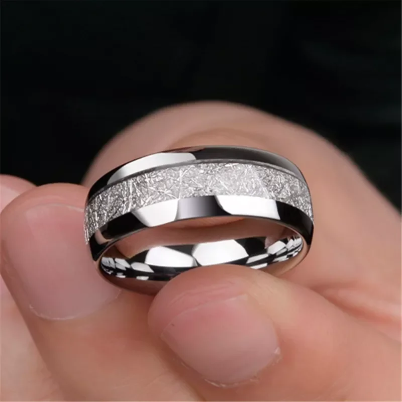 

8MM Meteorite Stone Pattern Inlaid Silver Color Stainless Steel Ring Engagement Wedding Band Cocktail Party High Jewelry