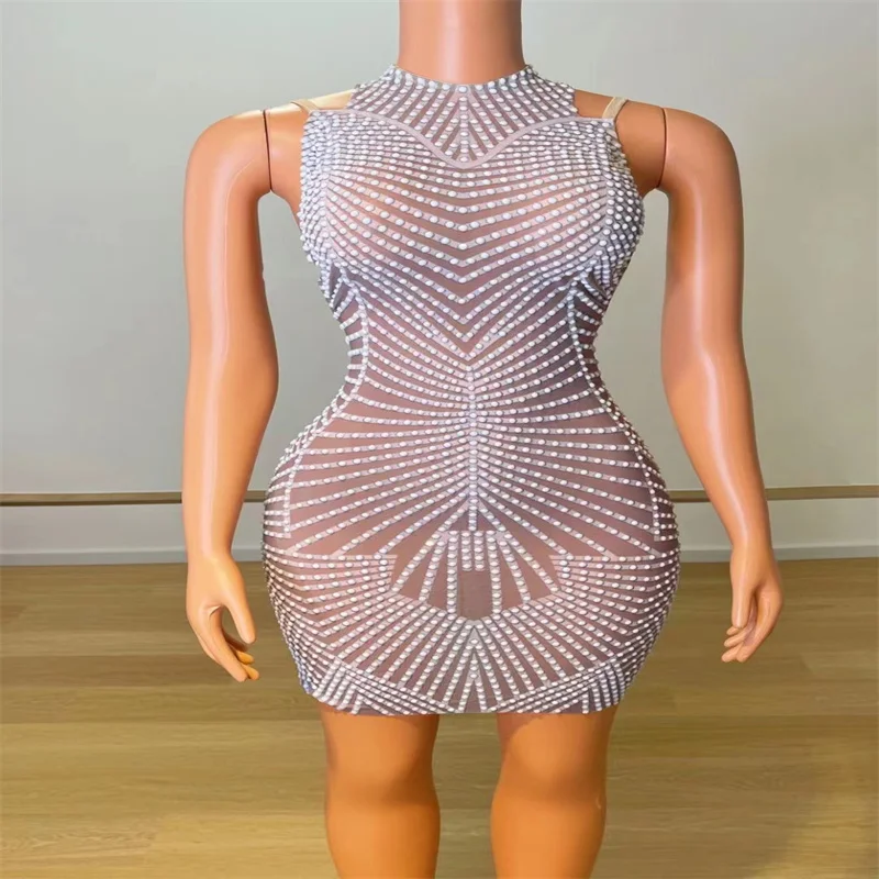 

Q352 Drilling Chain Diamonds Backless Bodysuit Tight Sleeveless Performance Model Elastic Stretched Package Buttocks Short Skirt