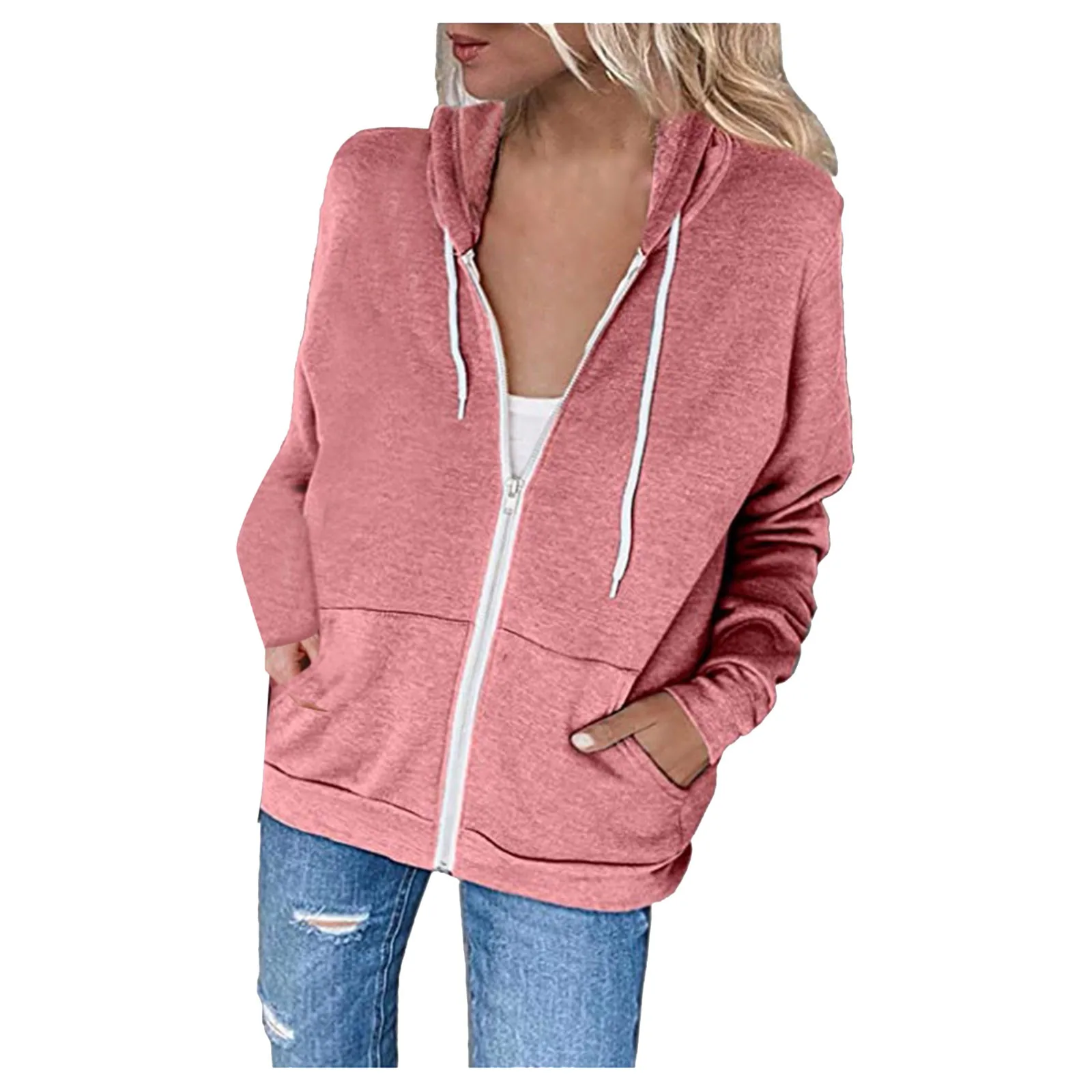 

Autumn Women Zip Up Hoodie Solid Pink Black Hooded Sweatshirts Long Sleeve Zipper Top Hoodies