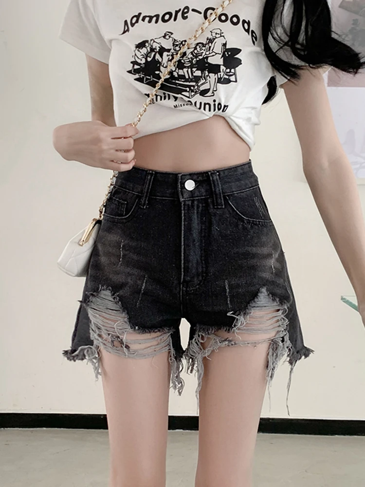 New Spring Summer Women High Waist Loose Frayed Hole Denim Shorts Streetwear Female Button Wide Leg Jeans Shorts
