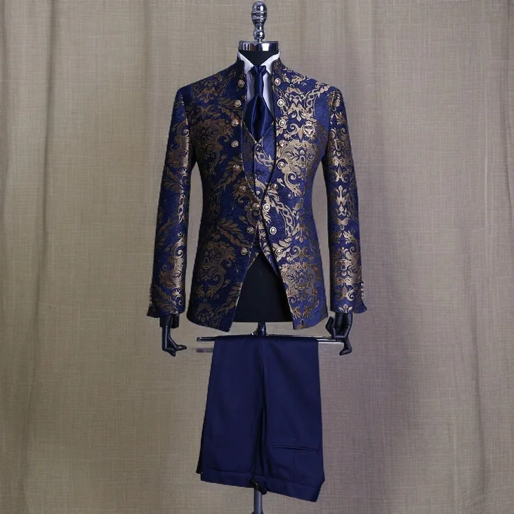 For Men With Stand Collar Double Breasted Navy Blue Formal Groom Tuxedo Jacket Vest Pants 3 Piece